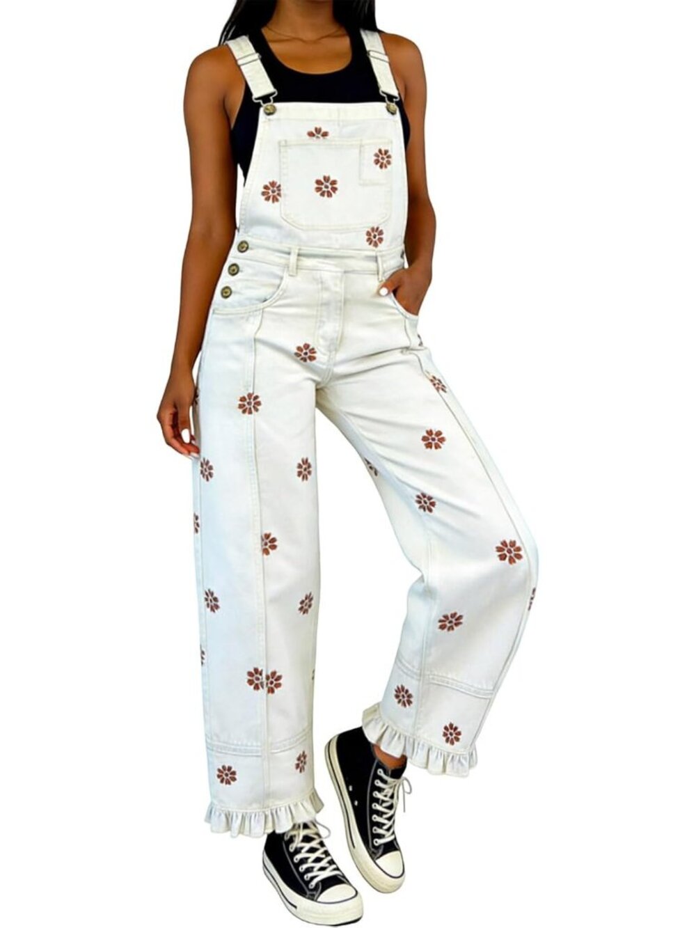 Women's White Floral Denim Overalls Baggy Patchwork Barrel Jeans Jumpsuit Floral